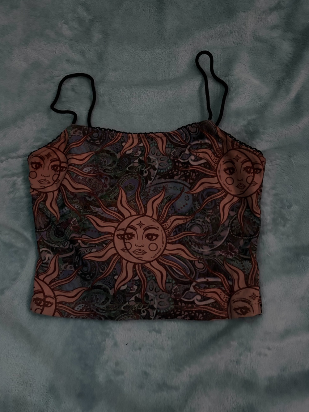 SHEIN Black Crop Cami with Brown Sun Print